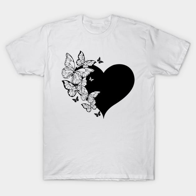 Black Heart with Contour Butterflies T-Shirt by Blackmoon9